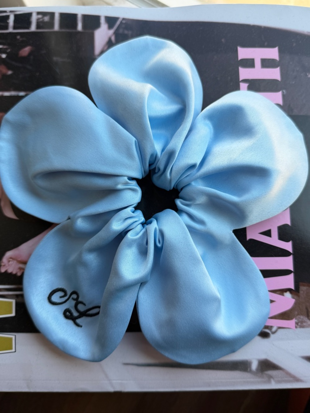 Sandy Liang Light Blue Satin Flower Scrunchie